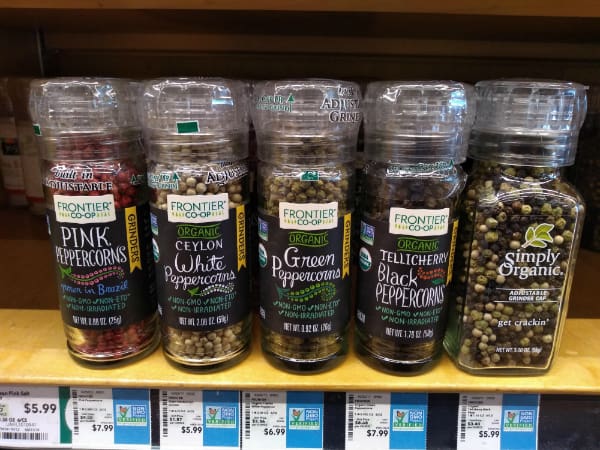 5 different Peppercorns grinders at the store