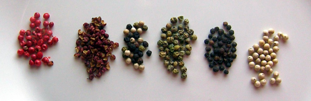 Pictures from left to right - pink peppercorns, schezuan peppercorns, smoked peppercorns, green peppercorns, black peppercorns, white peppercorns