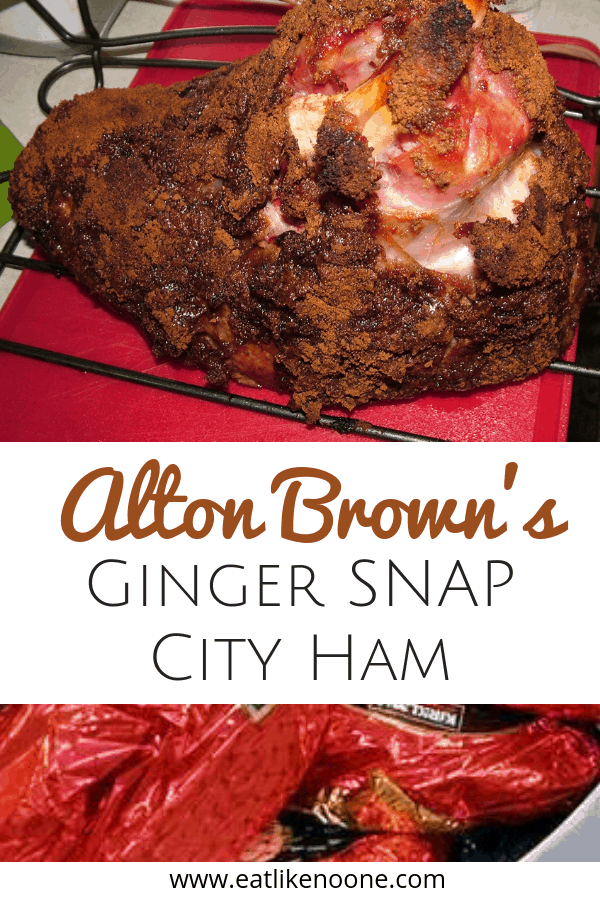 Alton Brown's Ginger Snap City Ham on a roasting rack.