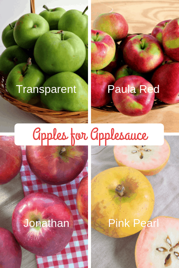 A collage of apples for applesauce, (top left) Transparent apples, (top right) Paula Red apples, (bottom left) Jonathan apples, (bottom right) Pink Pearl apples