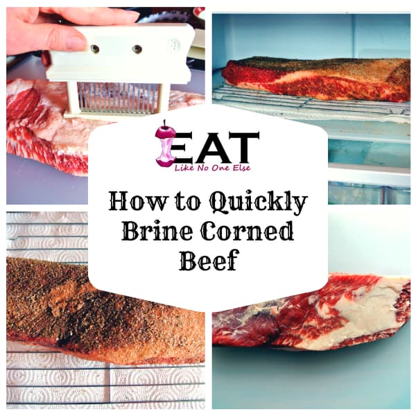 A collage showing you how to quickly brined corned beef from adding the spices to tenderizing it to putting in the fridge overnight.