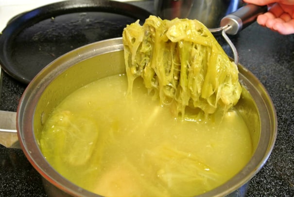 A pot showing asparagus ends that have been boiled to create a stock.