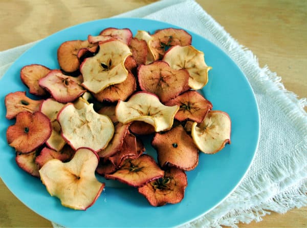Dried Apple Chips, some white and some brown are sitting on a blue plate with a white towel underneath.