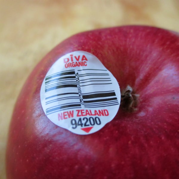 The bottom of a Diva apple with an organic sticker