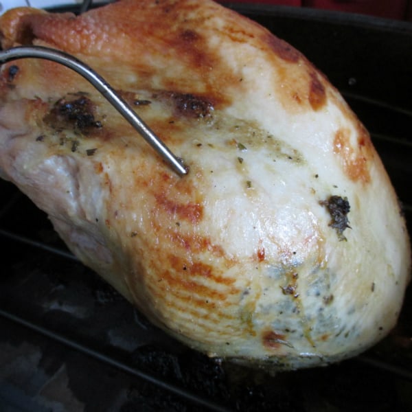 Ina's Herb Whole Turkey Breast with probe thermometer inserted. 