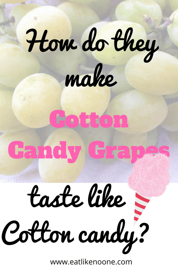 The words "How Do They Make Cotton Candy Grapes Taste Like Cotton Candy?" is written over top of a close up photo a bunch of Cotton Candy grapes