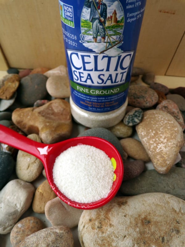 Celtic sea salt in a red spoon on top of some rocks