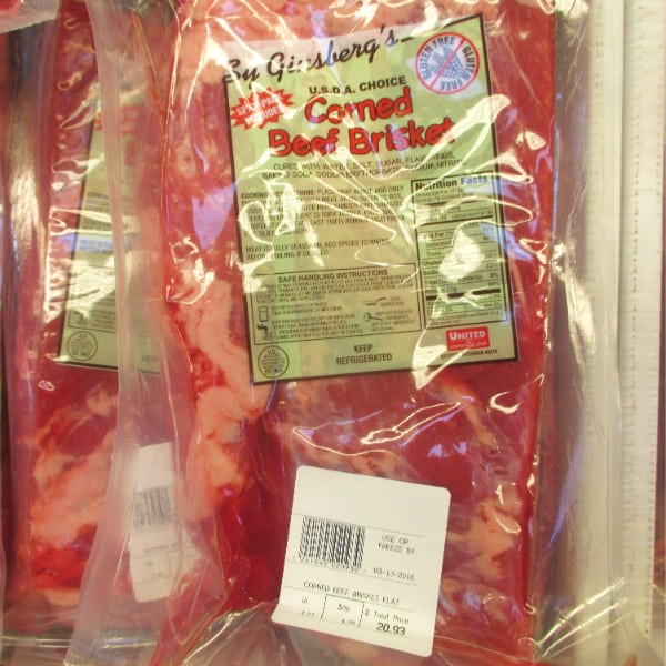 Sy Ginsberg's packaged corned beef brisket is shown at the grocery store.