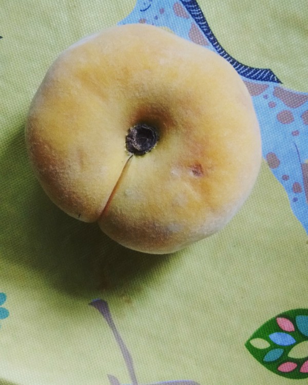 A ripe Peach Pie donut peach sitting on my dinning room table, ready to be consumed!