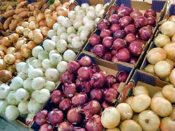 Boxes of white, red, and yellow onions at a groery store.