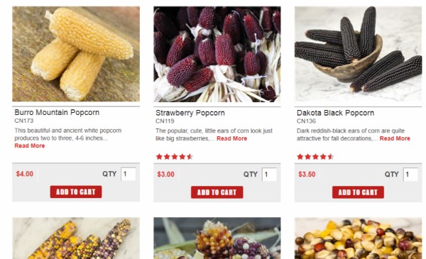 A screen shot of the Baker Creek catalog featuring different varieties of popcorn.