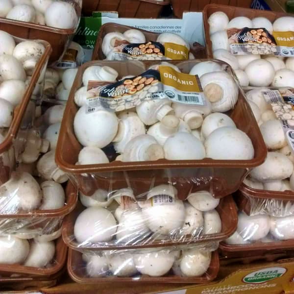 Packages of white mushrooms stacked up at the grocery store.