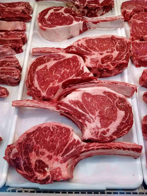 Bone in rib eye steaks in a temporary display at Costco