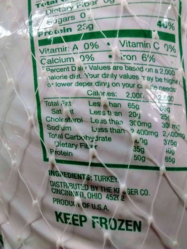 A package of a frozen turkey that lists just turkey as the ingredient.