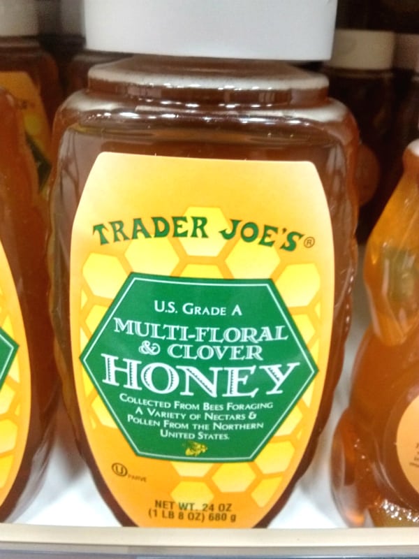Bottle of Trader Joe's Multi-Floral and Clover Honey at the store.