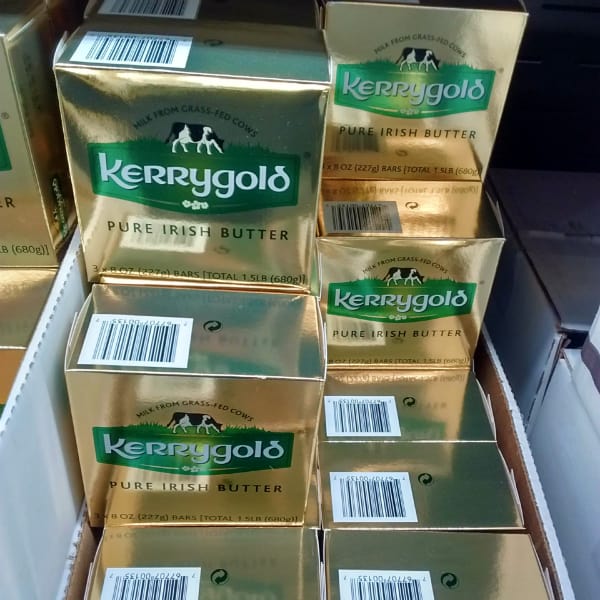 Big boxes of Kerrygold butter seen on display at a Costco store.