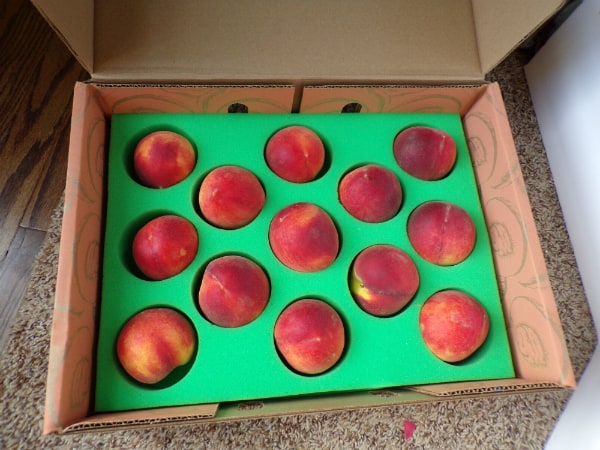 A box of Pearson Farm peaches opened up with the peaches showing sitting on some carpet.