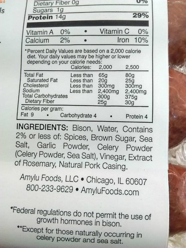 The ingredients list for the Amylu bison polis sausage reads "bison, water, contains 2% or less of spices, brown sugar, sea salt, garlic powder, celery powder (celery powder, sea salt), vinegar, extract of rosemary, natural pork casing.