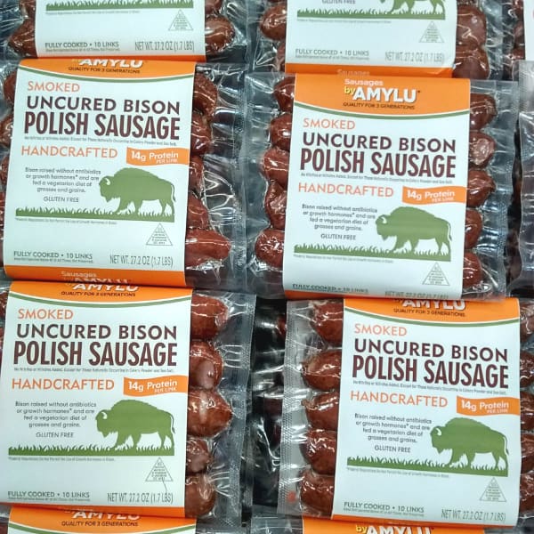 Amylu Smoked Uncured Bison Polish Sausage in packages.