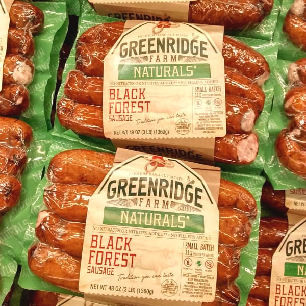 Greenridge Fram Naturals Black Forest sausage in a display case.