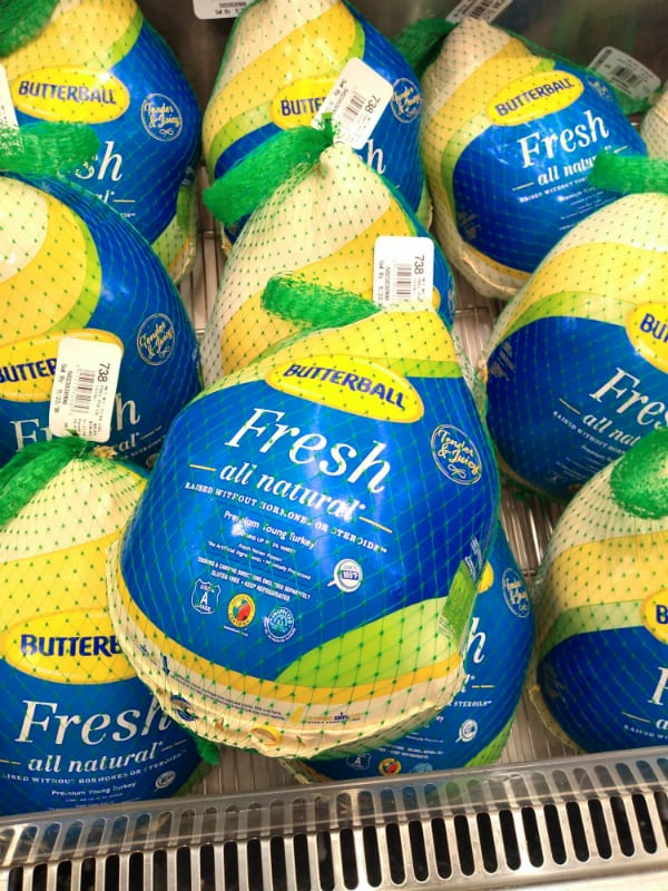 A grocery store display of Butterball Fresh Turkeys