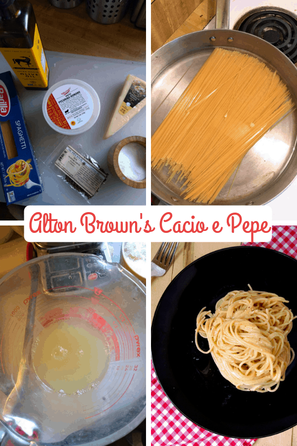 A collage featuring the ingredient used, the pasta in the pan, a measuring cup with the pasta water inside, and the finished dish on a black plate