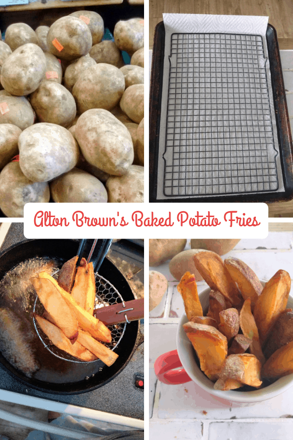 A collage of Russet potatoes, a sheet pan with a wire rack, fries coming out of oil., and fries in a red mug.