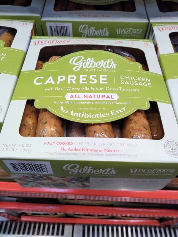 Gilbert's Chicken Sausage at Costco in boxed packaging