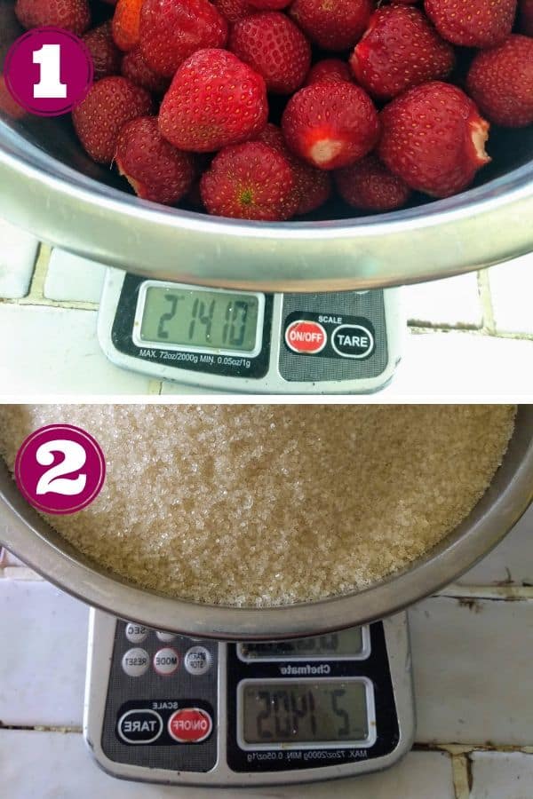 Weight the strawberries and sugar
