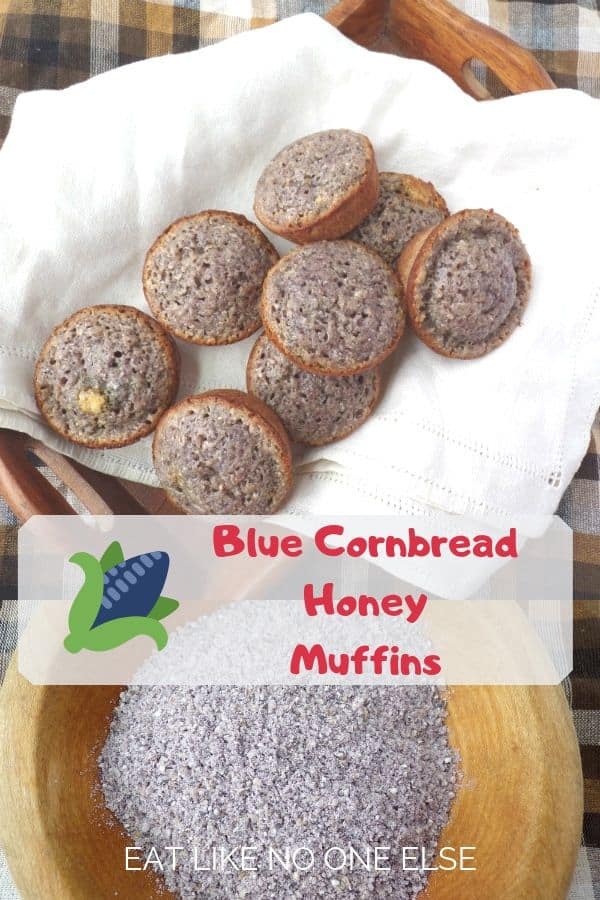 Blue Cornbread Honey Muffins on top with a bowl of blue cornmeal underneath.