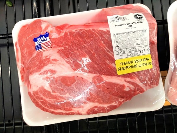 A Kroger packaged USAD choice boneless chuck roast is shown in the store.