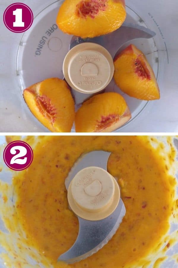 Step 1 shows peaches that have been quartered in a food processor.
Step 2 shows the peaches have been pureed by the food processor blade.