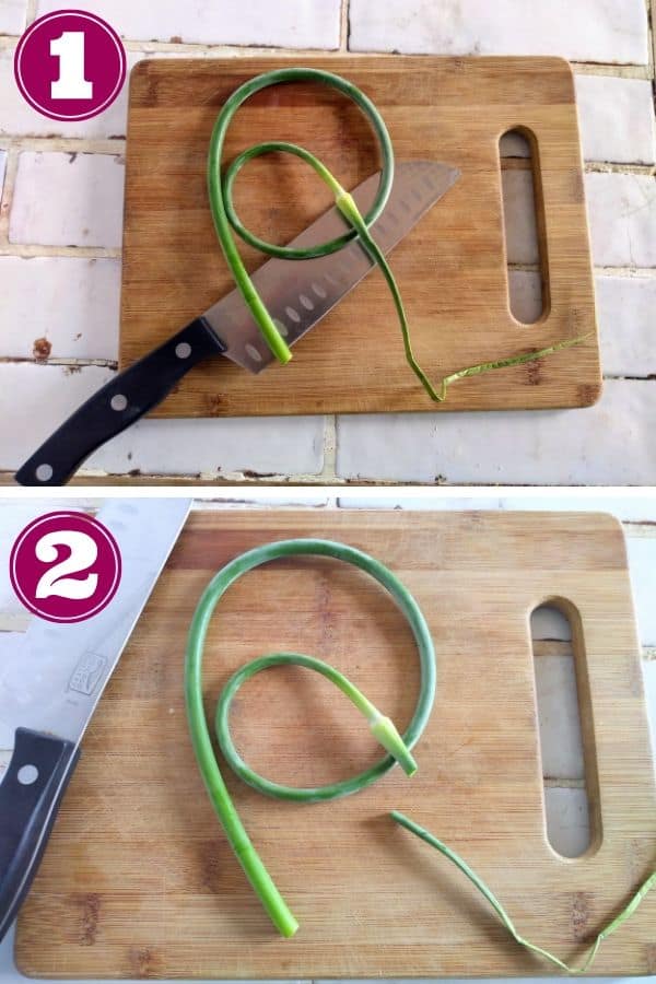 Slice the tips off garlic scapes