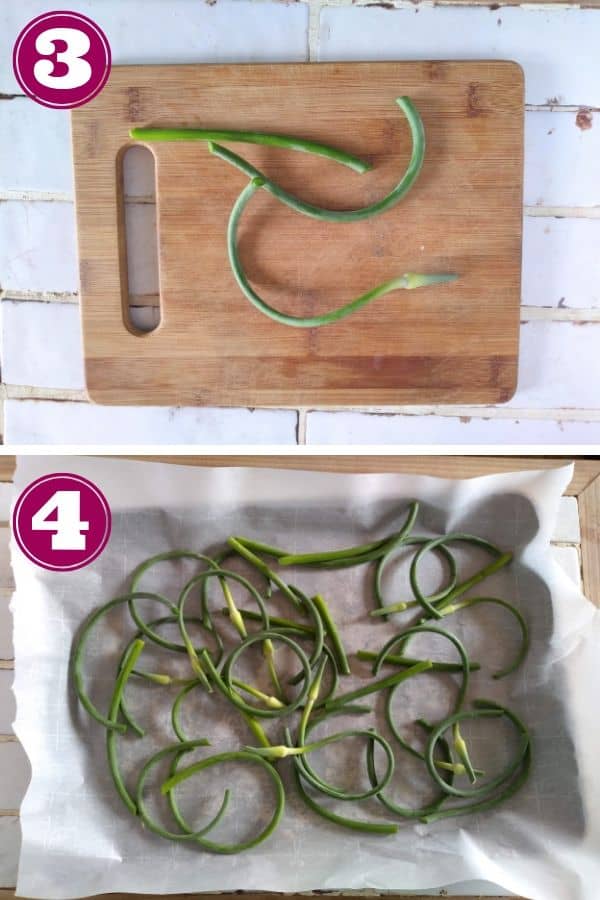 Cut garlic scapes into 2-3 pieces