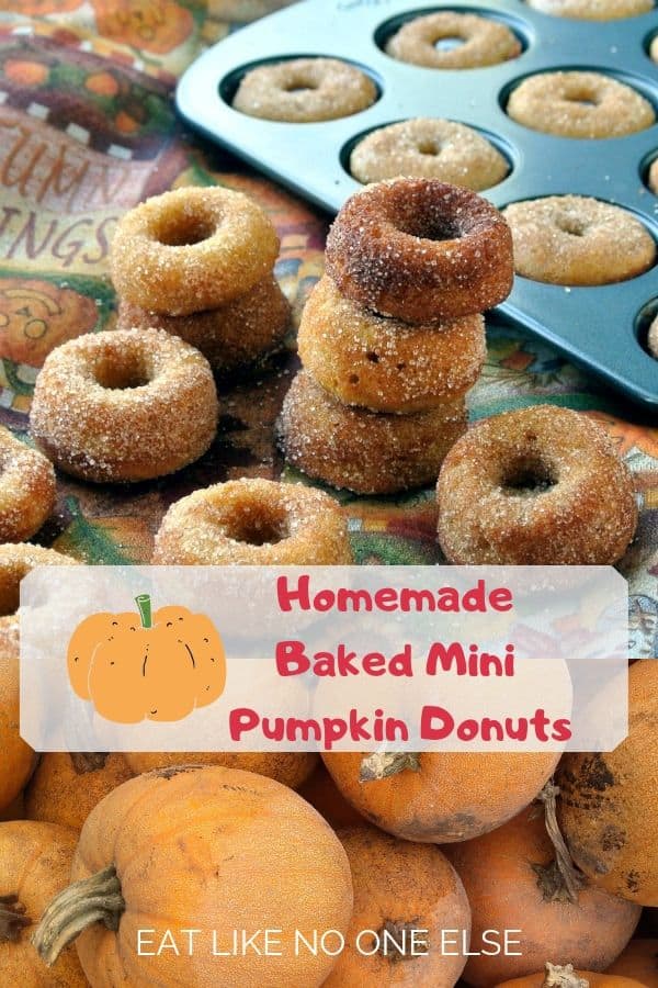 Homemade Mini Pumpkin Baked Cake Donuts pilled on top of each other on a pumpkin tablecloth