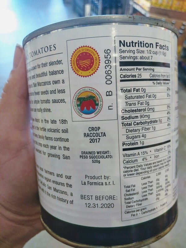 The back of a can of DeLallo San Marzano tomatoes showing the DOP label.