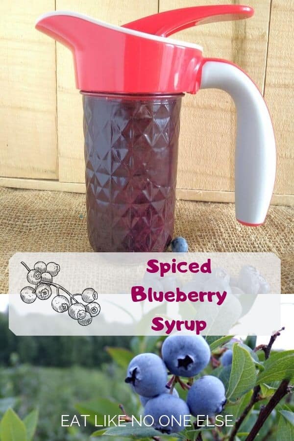 Spiced Blueberry Syrup in a glass ball jar with a picture of blueberries underneath.