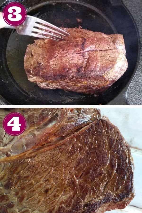 Browned Bison chuck roast in a pan and on a countertop.