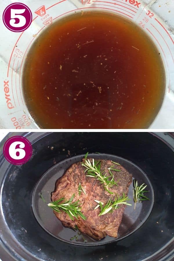 Add flavorful liquid from glass measuring cup to slow cooker with bison roast