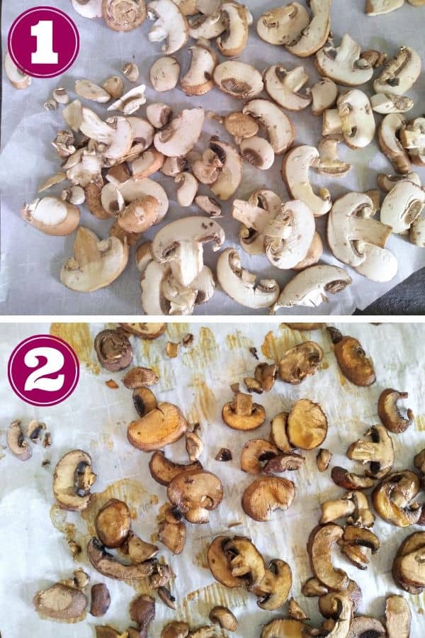 Roasted mushroom for broth on a sheet pan lined with parchment paper.