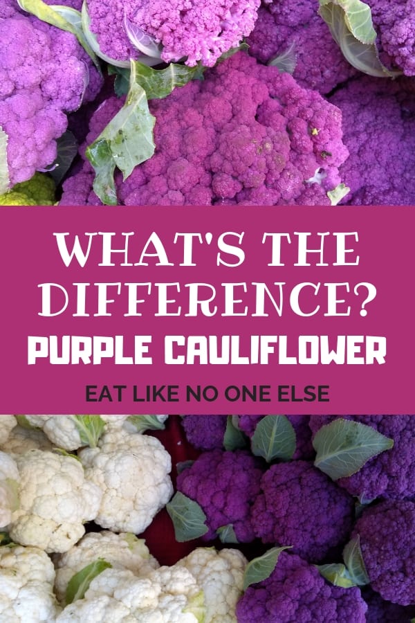 A display of white and purple cauliflower with the words "What's the Difference - Purple Cauliflower" over top.