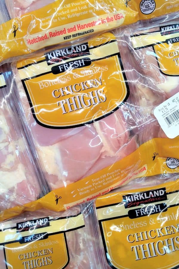 Kirkland Fresh Boneless Skinless Chicken Thighs in packaging at Costco