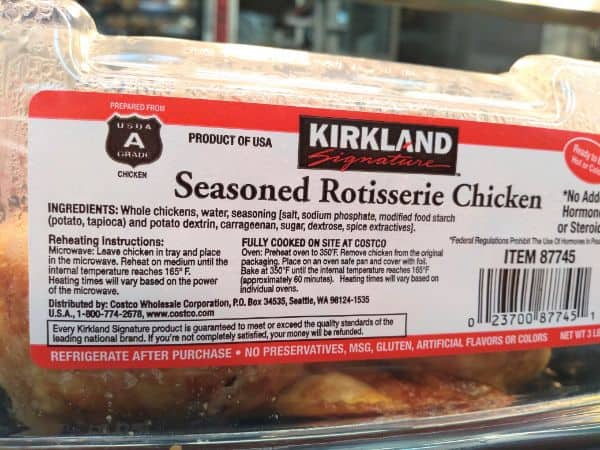 Kirkland Seasoned Rotiseerie Chicken contains whole chickens, water, seasoning [salt, sodium phoosphate, modified food starch (potato, tapioca) and potato dextrin, carrageenan, sugar, dextrose, spice extractives]