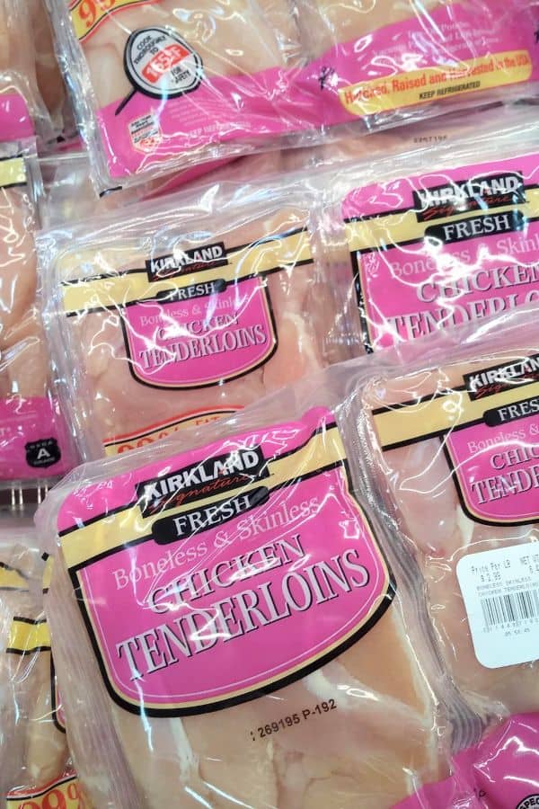 Kirkland Fresh Boneless Skinless Chicken Tenderloins in packaging.