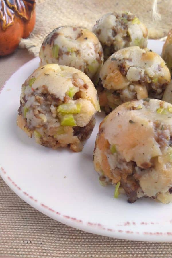 Stuffing bites sitting on a white plate