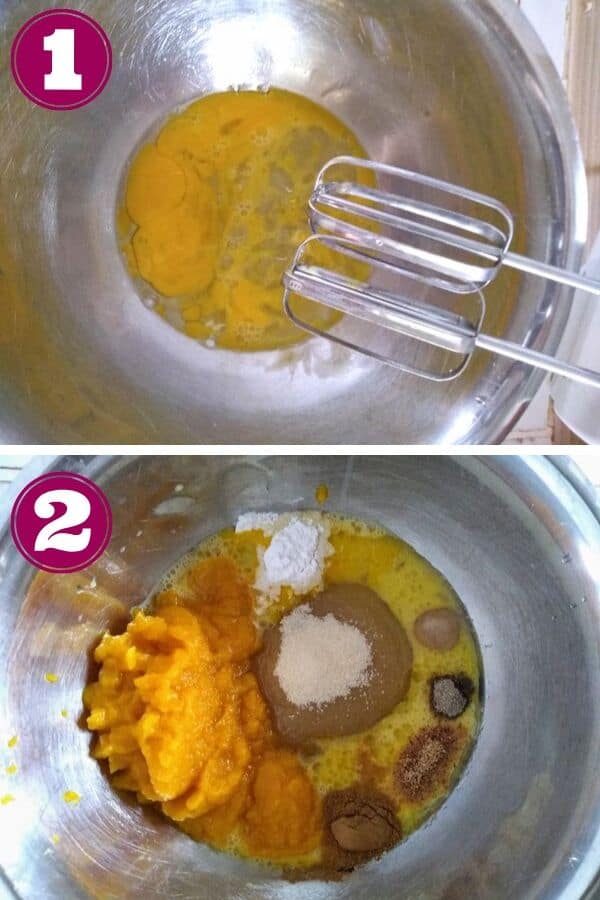 First beat the eggs, then add all the other ingredients minus the flour.