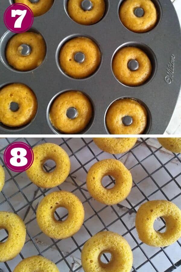 Cooling donuts on a wire rack while sitll in the pan and then remove from the pan in the second photo.