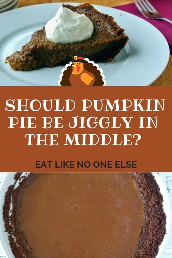 In the middle the text says "Should Pumpkin Pie Be Jiggly in the Middle?". At the top of the image is a slice of pumpkin pie and at the bottom is a whole pumpkin pie. 