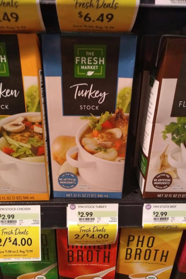 A display of Fresh Market Turkey Stock in a 32 ounce container.