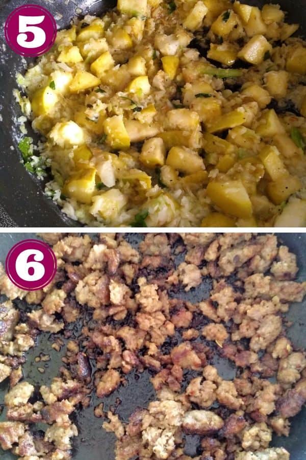 Cooking the apples, celery, onions in one pan and the sausage in another pan